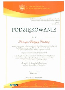 Podziękowania za organizację warsztatów dla uczniów szkół średnich. Kliknij, aby powiększyć zdjęcie.